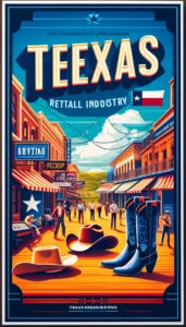 Imagen de un póster que muestra una escena vibrante del comercio minorista en Texas. En el primer plano, una calle bulliciosa con compradores diversos y tiendas pequeñas como una librería, una tienda de ropa y una cafetería. Los elementos icónicos de Texas, como botas de vaquero y un sombrero de cowboy, se integran en el diseño. El fondo muestra un paisaje típico texano con cielos azules y llanuras amplias. La bandera del estado de Texas también es visible, completando el tema regional.