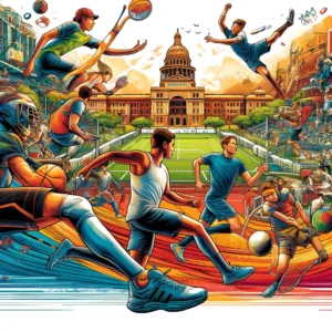 Una imagen que captura la esencia dinámica de Austin, con personas disfrutando de diversas actividades deportivas en un entorno urbano lleno de vida y color.