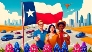 Esta imagen es una representación vibrante y colorida para un artículo de blog sobre cómo obtener una licencia de conducir en Texas. Muestra a un grupo diverso de personas (un hombre caucásico, una mujer hispana y un adolescente afroamericano) que sostienen con orgullo sus nuevas licencias de conducir. El fondo presenta elementos simbólicos de Texas, como la bandera estatal, un longhorn y bluebonnets, sobre un escenario de una carretera texana concurrida, capturando la cultura de conducción del estado.