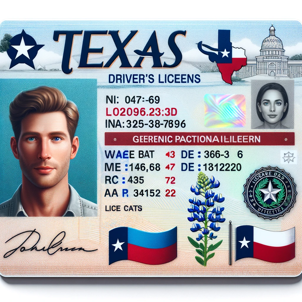 Ilustración realista de una licencia de conducir de Texas, mostrando elementos del estado como la bandera, el longhorn, y la bluebonnet, con detalles de seguridad como un holograma.