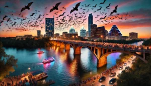 Escena nocturna del Puente Congress Avenue en Austin, Texas, con una multitud observando a miles de murciélagos volando al atardecer. La ciudad y el puente están iluminados, reflejándose en el agua oscura del río Colorado.